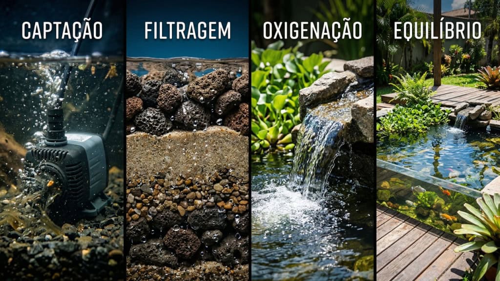 Mini lago filtrante no quintal combina bomba de aquário,pedras e plantas