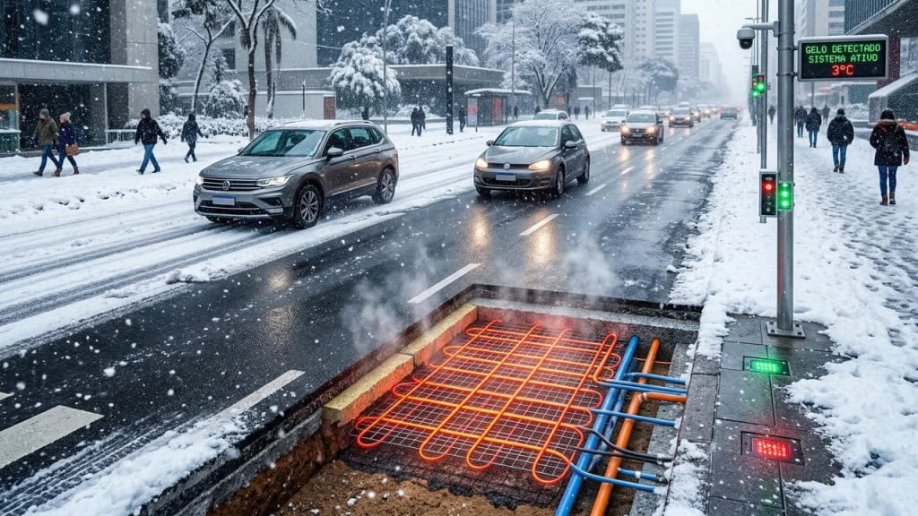 Aqui a neve cai, mas não toma conta da rua graças a uma nova tecnologia